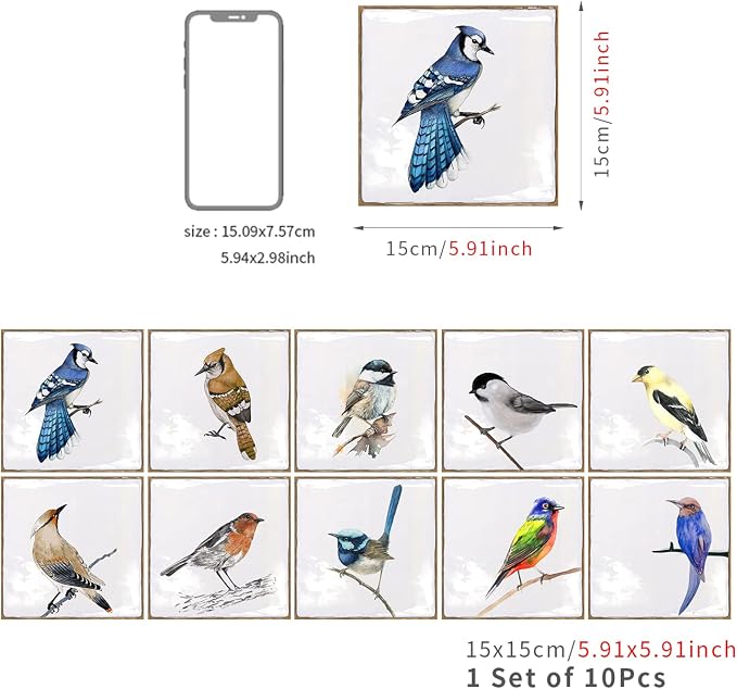 Alwayspon Vinyl Sticker Peel and Stick, Self-Adhesive Wall Tile Transfers Backsplash Sticker Decal for Kitchen Bathroom, 6x6inch/15x15cm 10Pcs, Birds T032