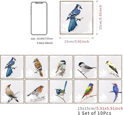 Alwayspon Vinyl Sticker Peel and Stick, Self-Adhesive Wall Tile Transfers Backsplash Sticker Decal for Kitchen Bathroom, 6x6inch/15x15cm 10Pcs, Birds T032