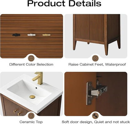 Vanity Art 24 inch Walnut Bathroom Vanity with Single Sink & Ceramic Top, Vanity Cabinet with Soft-Closing Door, Solid Wood Frame, Linear Pattern, Walnut, VA9124-Walnut-MB,Matte Black Handles