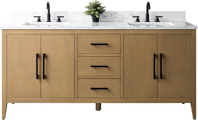 Vanity Art 72 inch Bathroom Vanity with Double Sink & Ceramic Top, Vanity Cabinet with Soft-Closing Doors, Drawers, Solid Wood Frame, Natural Oak, Matte Black Handware