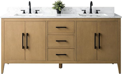 Vanity Art 72 inch Bathroom Vanity with Double Sink & Ceramic Top, Vanity Cabinet with Soft-Closing Doors, Drawers, Solid Wood Frame, Natural Oak, Matte Black Handware