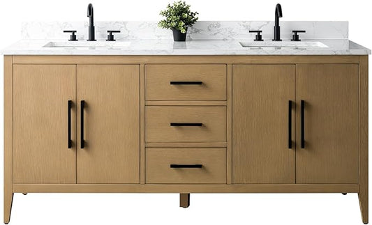 Vanity Art 72 inch Bathroom Vanity with Double Sink & Ceramic Top, Vanity Cabinet with Soft-Closing Doors, Drawers, Solid Wood Frame, Natural Oak, Matte Black Handware