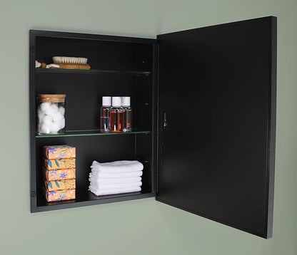 Fox Hollow Furnishings 16x20 Parker Metro Metal Framed Rectangle Recessed Bathroom Medicine Cabinet, Floating Mirror, 14x18 in-Wall Opening, Steel, Adjustable Glass Shelves, Magnet Close, Black