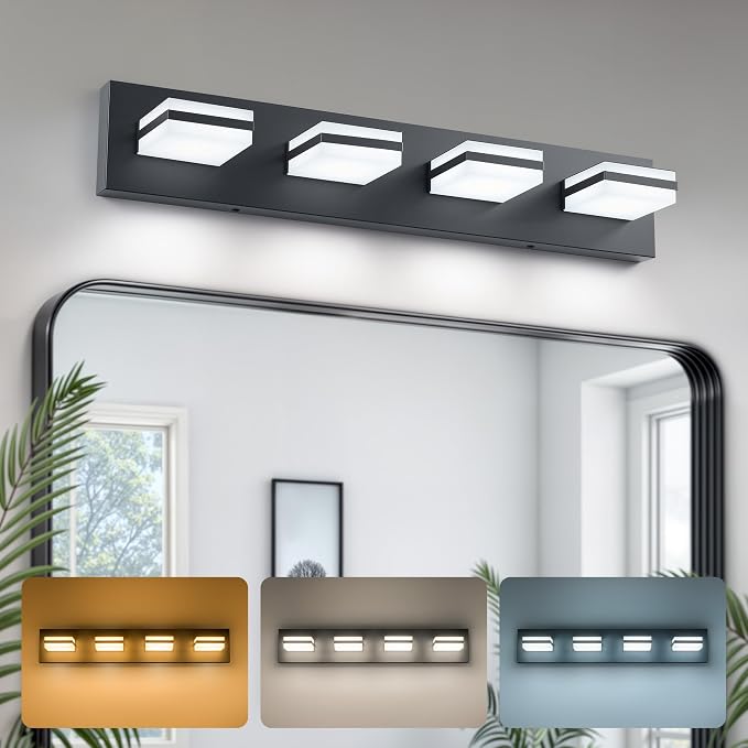 VONLUCE LED Modern Bathroom Vanity Light Fixture, Matte Black | 26'', 4-Light, 3CCT, 360° Rotate, High CRI, Flicker-free, Dimmable, Memory Function, Waterproof IP44, Easy Installation