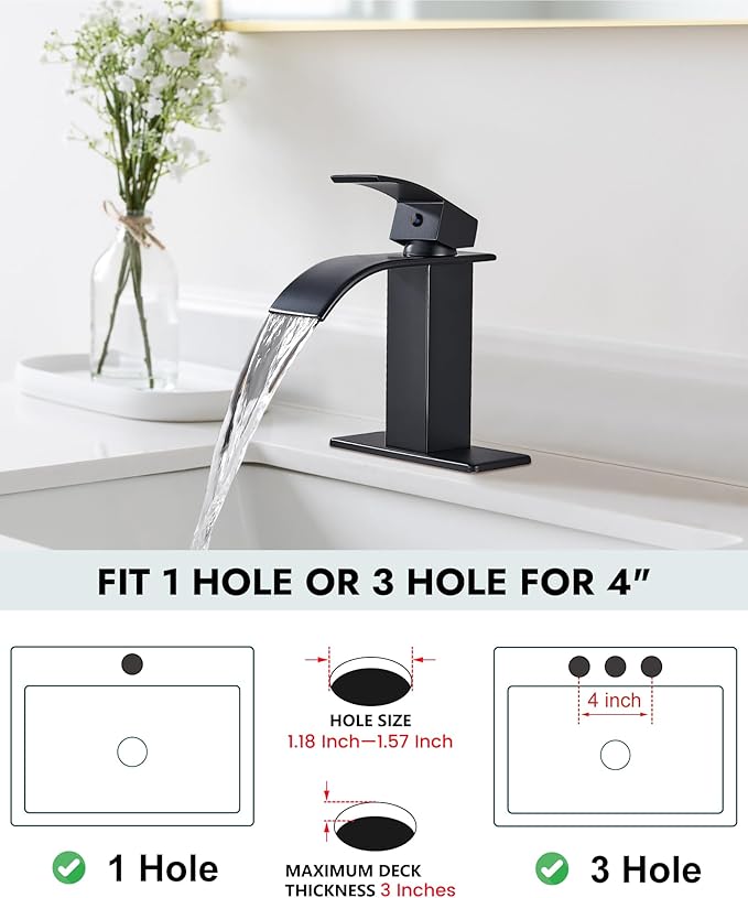 Midanya Bathroom Faucet with Waterfall Spout, Single Hole or 3-Hole Deck Mount, 304 Stainless Steel Sink Faucet with Pop-Up Drain, RV Vanity Compatible,Matte Black