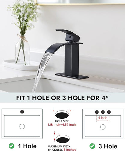 Midanya Bathroom Faucet with Waterfall Spout, Single Hole or 3-Hole Deck Mount, 304 Stainless Steel Sink Faucet with Pop-Up Drain, RV Vanity Compatible,Matte Black