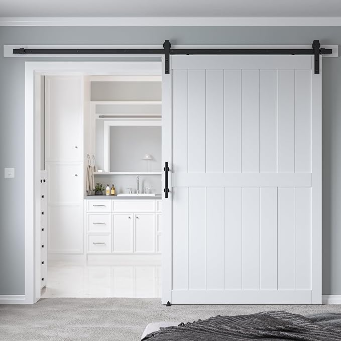 54in x 84in MDF Sliding Barn Door with 9ft Barn Door Hardware Kit & Handle | White Solid Barn Door Slab Covered with Water-Proof PVC Surface, Pre-Drilled Holes Easy Assembly, H-Frame