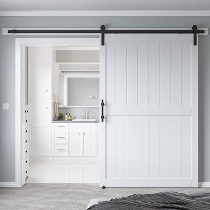 54in x 84in MDF Sliding Barn Door with 9ft Barn Door Hardware Kit & Handle | White Solid Barn Door Slab Covered with Water-Proof PVC Surface, Pre-Drilled Holes Easy Assembly, H-Frame