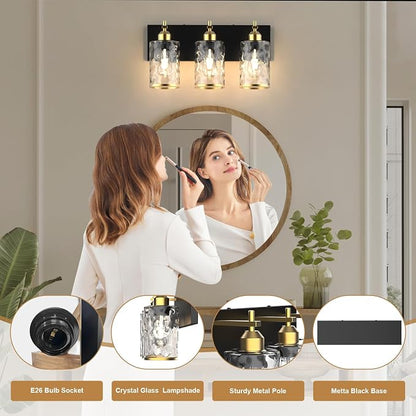 3-Light Bathroom Vanity Light Fixtures, Modern Bathroom Lighting Fixtures Over Mirror with Golden Wave Glass Lampshade, E26 Base Modern Vanity Lighting, Suit for Stairway Bedroom and Hallway