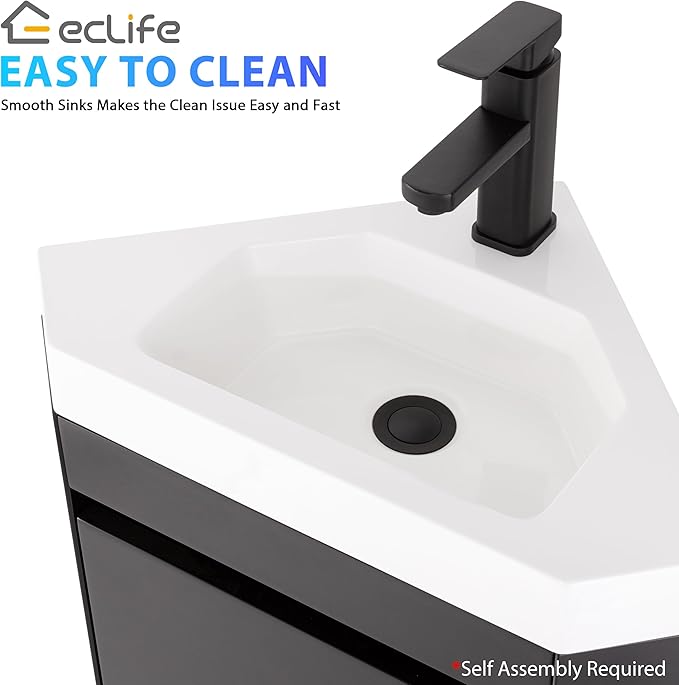 eclife 22" Corner Bathroom Vanity Sink Combo for Small Space Wall Mounted Floating Cabinet with White Resin Sink and Matte Black Faucet, Black
