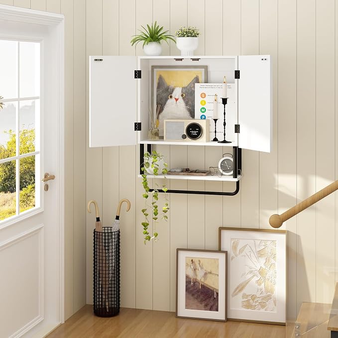 RUSTOWN Fluted Bathroom Wall Cabinet with 2 Doors, 3-Tier Medicine Cabinet | Modern Farmhouse Wall Mounted Cabinets, Over The Toilet Storage Cabinet, Adjustable Shelf and Towel Bar, Medium