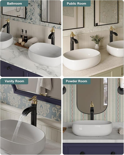 BWE Waterfall Vessel Sink Faucet Black and Gold Bathroom Faucet 1 Hole Single Handle Tall Bathroom Faucet with Pop Up Drain Assembly and Supply Lines Lavatory Vanity Bath Mixer Tap