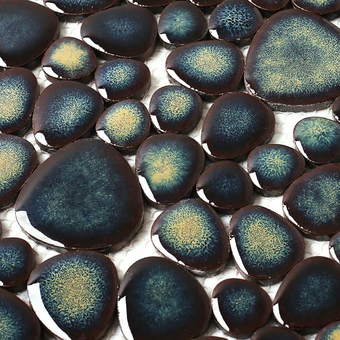 Pebble Stone Tile for Shower Floor Bathroom Backsplash Accent Wall Gradient Brown Teal Pebble Tiles (5 Sq.Ft)