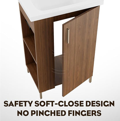 Pre-Assembled 20 Inch Small Bathroom Vanity, Freestanding Walnut Bathroom Cabinet with Ceramic Sink, Soft-Close Door, Left Side Storage, No Faucet, BV05-20-WALNUT-PLUS