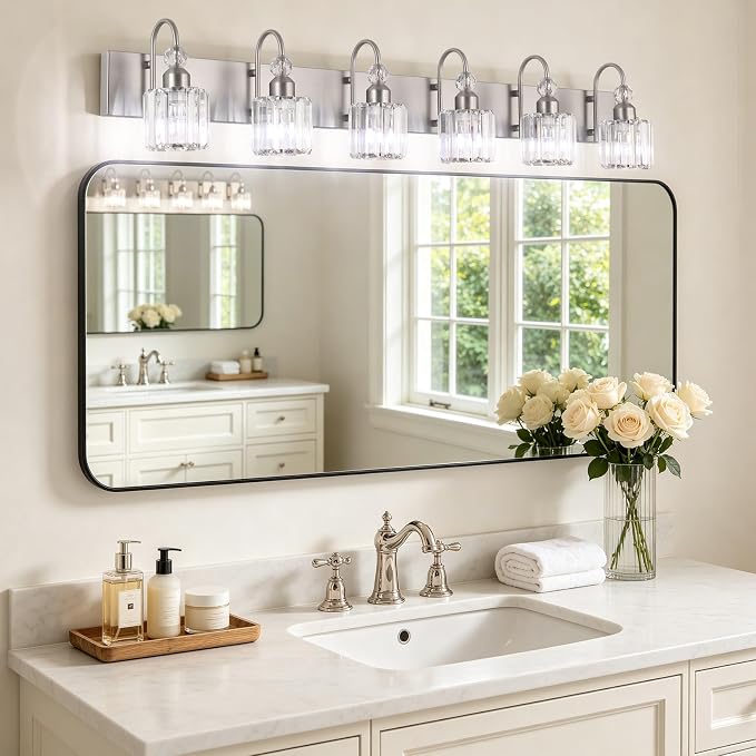 Ralbay Crystal Brushed Nickel Vanity Light for Bathroom 6 Light Modern Bathroom Lighting Fixtures Over Mirror