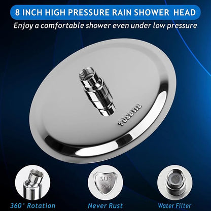 Voolan High Pressure Rain Shower Head - Rainfall Shower head Made of All Metal Stainless Steel - Comfortable Shower Experience Even at Low Water Flow (8 Inch, Chrome)