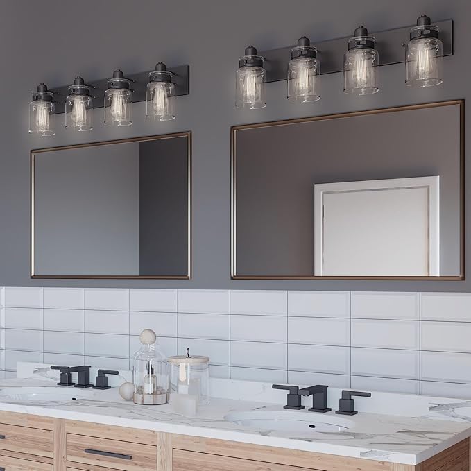 Progress Lighting P300048-020 Calhoun Collection Clear Glass Farmhouse Bath Vanity Light, 4-Light, Antique Bronze