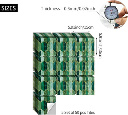 funlife Holographic Emerald Art Deco Peel and Stick Backsplash Self-Adhesive PVC Wall Tiles Easy DIY with Tools for Kitchen Bathroom and Laundry Room 5.9"x5.9"x50-Sheet Chevron Emerald