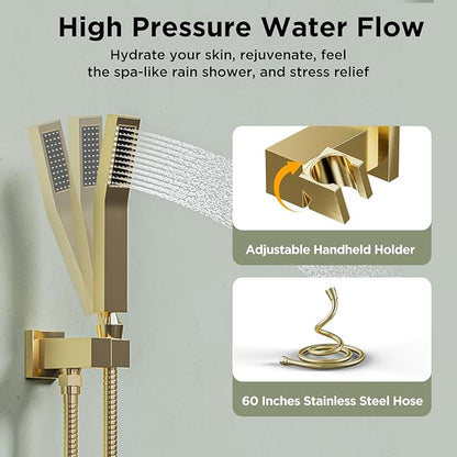 Shower Systems with 4 Body Spray Jets, STARBATH 4 Way 12+6" Rainfall Shower Head with Handheld Combo, Wall Mounted Shower Jets System in Wall Shower Faucet Sets Complete,Brushed Gold