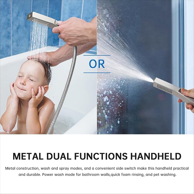 G-Promise All Metal 14 Inches Rainfall Shower Head with Handheld Combo | All Metal, Built to Last, Easy Install, Adjustable Height & Angle for All Heights, Extra Long Hose, Modern Upgrade