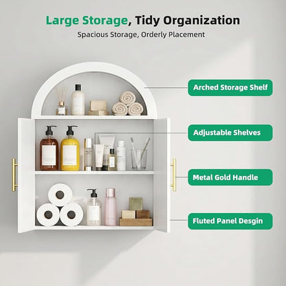 Kalrin Arched Wall Cabinet, Large Wood Bathroom Cabinet Wall Mounted Cupboard, Modern Floating Storage Cabinet with Acrylic Door Adjustable Shelf, Wood Organizer White