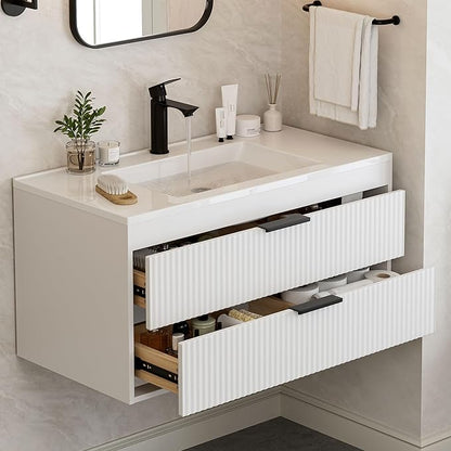 36 Inches Modern MDF Bathroom Vanity with Sink, Wall Mounted Floating Cabinets w/Double Drawers, Black Handles, White Resin Sink Combo Set (White, 36")
