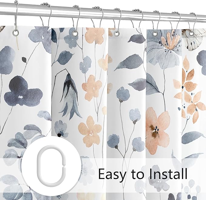 Small Stall Shower Curtain 36 x 72 Inch, Half Narrow Blue Floral Shower Curtains for Bathroom, Watercolor Flower Butterfly Fabric Shower Curtain Set with Hooks