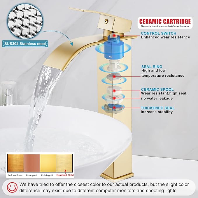 Midanya Waterfall Spout Bathroom Faucet Single Handle 1 Hole Bathroom Sink Faucet,Modern RV Lavatory Vanity Basin Tap with Water Hose,No Drain,Tall Body,Brushed Gold