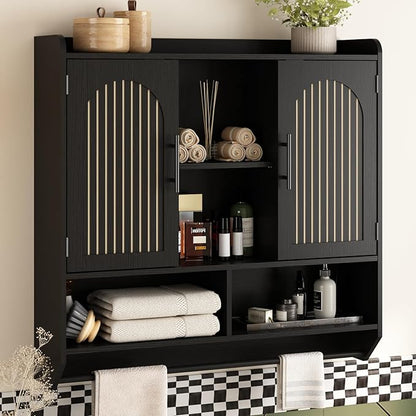 RUSTOWN Fluted Bathroom Wall Cabinet, Mid-Century Modern Medicine Cabinet with Adjustable Shelves & Towel Bar,3-Tier Wall Mounted Cabinets, Over The Toilet Storage Cabinets for Bathroom, Rustic Black