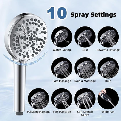 Metal Rain Shower Head with Handheld, 8“ High-Pressure Showerhead,10-Mode | Chrome, Rainfall Shower Head with 5" Large Handheld Spray, Adjustable 16" Shower Extension Arm/71" Hose, Brass 3-Way Diverter