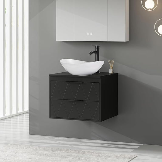 eclife 24" Floating Bathroom Vanities with Sink Combo, Wall Mounted Modern Cabinet W/Diamond Line Pattern Design, White Boat Ceramic Vessel Sink W/Water Save Faucet & Pop Up Drain, Black