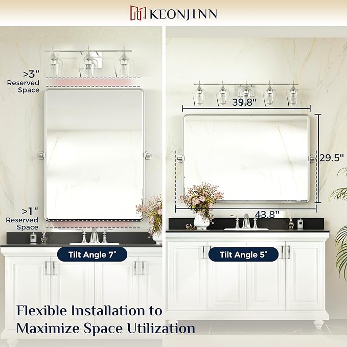 Keonjinn 40x30 Inch Brushed Nickel Povit Mirror for Bathroom, Tilt Mirror | Tenmpered Glass, Rectangle, Adjustable Bathroom Mirrors for Over Sink, Farmhouse, Metal Framed, Horizontal/Vertical