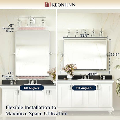 Keonjinn 40x30 Inch Brushed Nickel Povit Mirror for Bathroom, Tilt Mirror | Tenmpered Glass, Rectangle, Adjustable Bathroom Mirrors for Over Sink, Farmhouse, Metal Framed, Horizontal/Vertical