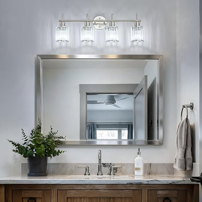 Brushed Nickel Bathroom Light Fixtures, Round, 4-Light | Vanity Lights with Crystal Shades, Modern Bathroom Lighting Fixtures over Mirror (Bulbs Not Included, E26)