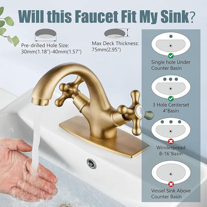 Aolemi Bathroom Sink Faucet Single Hole Cold and Hot Double Handle Cross Knobs Vanity Vessel Sink Basin Mixer Tap with Deck Cover Plate with Pop Up Drain Antique Brass