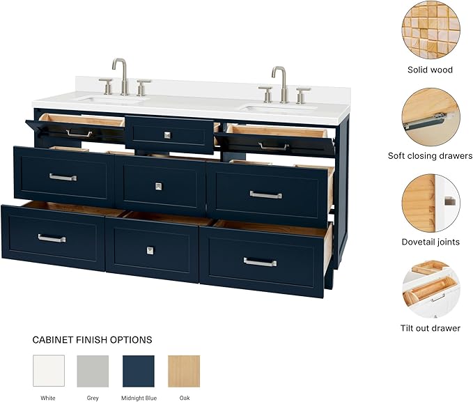 ARIEL Monroe 66-inch Bathroom Vanity with Sink,Solid Wood, 1.5-inch Pure White Quartz Countertop & Backsplash, Double Oval Porcelain Sink, 9 Dovetail Drawers, Brushed Nickel, Midnight Blue