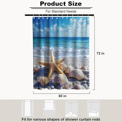 Modern Cute Beach Shower Curtain Coastal Tropical Kids Summer Seashell | Nature Shower Curtains for Bathroom, Waterproof Bath Curtain with Hooks Machine Washable Bathtub Curtains 60x72 Inch Blue