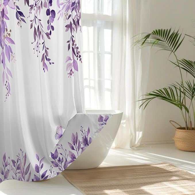 Purple Floral Eucalyptus Shower Curtain with Hooks, 72x84 Inch | Waterproof Fabric, Watercolor Leaves and Floral, Botanical Style, Machine Washable, Quick-Drying, for Hotel Bathroom