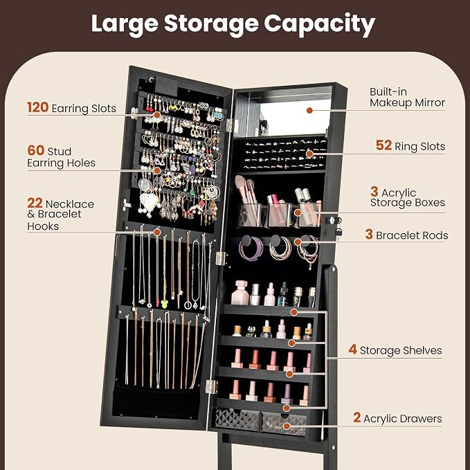 GOFLAME Jewelry Armoire Cabinet Standing, Lockable Full Length Mirror with Storage Shelves and 2 Drawers, Adjustable Tilt Angles, Stand Up Jewelry Box with Lighted Mirror (Black)