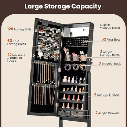GOFLAME Jewelry Armoire Cabinet Standing, Lockable Full Length Mirror with Storage Shelves and 2 Drawers, Adjustable Tilt Angles, Stand Up Jewelry Box with Lighted Mirror (Black)