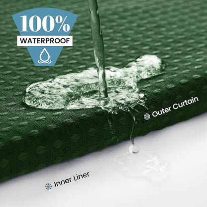 SORTTO No Hook Shower Curtain with Snap in Liner Set Waffle Shower Curtain for Bathroom Hotel Style Fabric Waterproof Inner Liner，71" W x 74" H, Dark Green