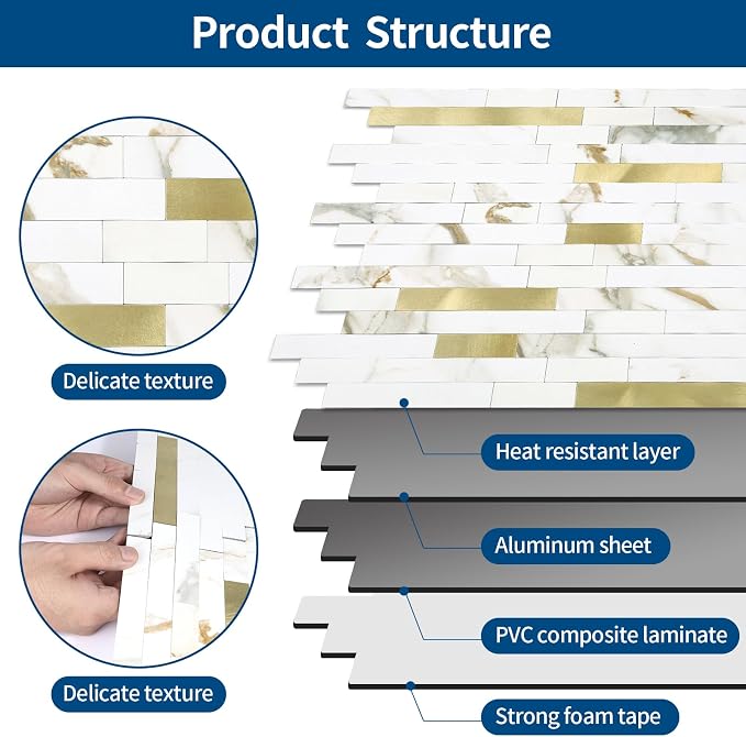 1 - Sheet Peel and Stick Backsplash Wall Tile, PVC Kitchen Backsplash, Stick on Tiles for Backsplash Kitchen (12'' X 12'', White with Gold)
