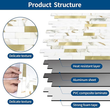 5 - Sheet Peel and Stick Backsplash Wall Tile, PVC Kitchen Backsplash, Stick on Tiles for Backsplash Kitchen (12'' X 12'', White with Gold)