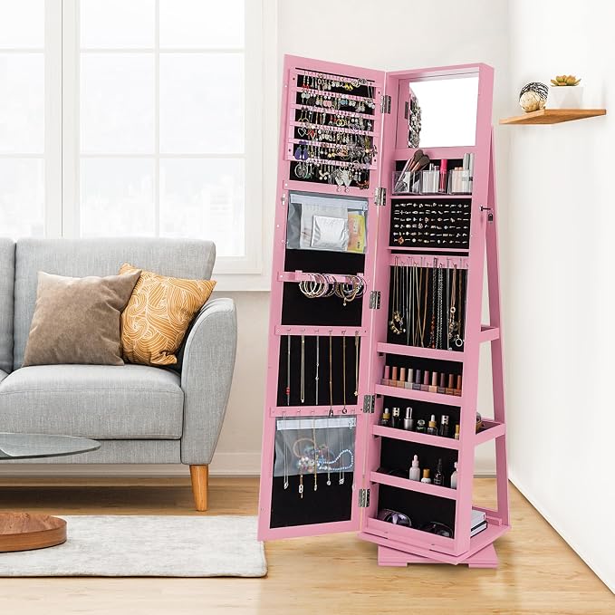 COSTWAY 360 Rotating Jewelry Armoire Cabinet, Standing Jewelry Organizer w/Full-Length Mirror & Large Storage Space, Lockable Mirror Jewelry Cabinet for Girls Women (Pink)