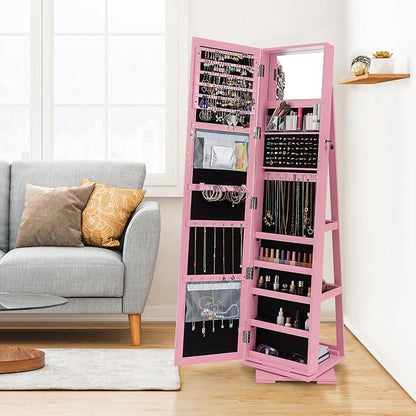 360° Rotating Jewelry Armoire, Freestanding Jewelry Cabinet with Inside Makeup Mirror, 2-in-1 Lockable Jewelry Organizer w/Full-Length Mirror for Women (Pink)