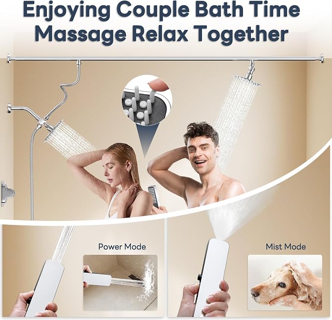 Dual Shower Head for Couples with 6-Mode Diverter, Polished Chrome | 304 Stainless Steel, Adjustable High Pressure Double Shower Head, Couples Gift, Renter-Friendly, Fits 53"-74" Wide Bathrooms