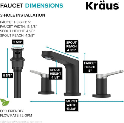 KRAUS Indy Widespread Bathroom Faucet in Spot-Free Brushed Nickel/Matte Black with 2 Handles, Pop Up Drain and Supply Lines, FUS-14103SFBNMB