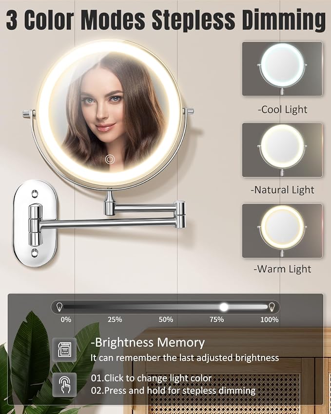 VFD 8'' 30X/1X Wall Mounted Lighted Magnifying Makeup Mirror with Lights | Double Sided Rechargeable Bathroom Mirror, 3 Color Lights Touch Dimmable Extended Arm 360 Rotation Light up Mirrors