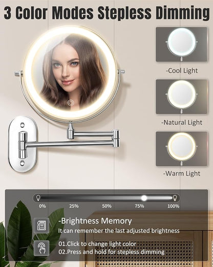 VFD 8'' 30X/1X Wall Mounted Lighted Magnifying Makeup Mirror with Lights | Double Sided Rechargeable Bathroom Mirror, 3 Color Lights Touch Dimmable Extended Arm 360 Rotation Light up Mirrors