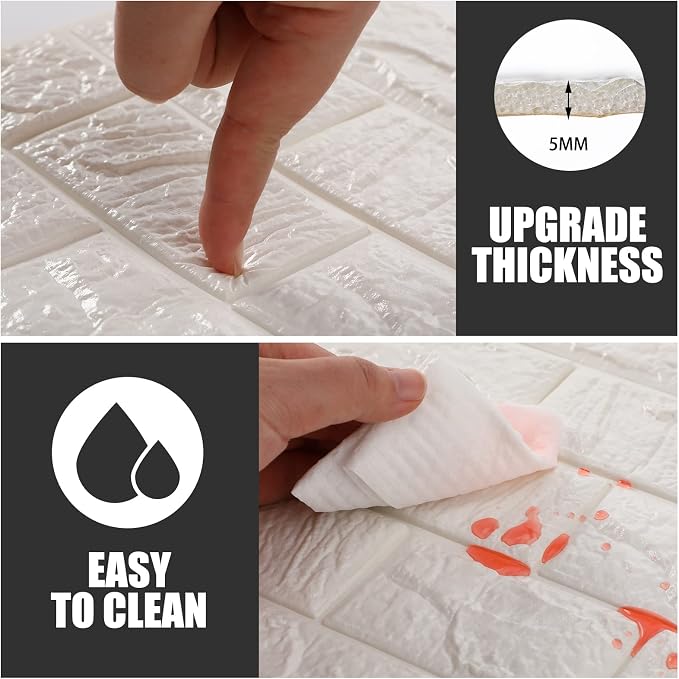 30 Pcs 3D Wall Panels Peel and Stick Wallpaper Foam, White | Faux Brick Stone Tiles, Covering 28.8-48.4 Sq ft, Self Adhesive Waterproof Panels for Bedroom Living Room Kitchen Walls